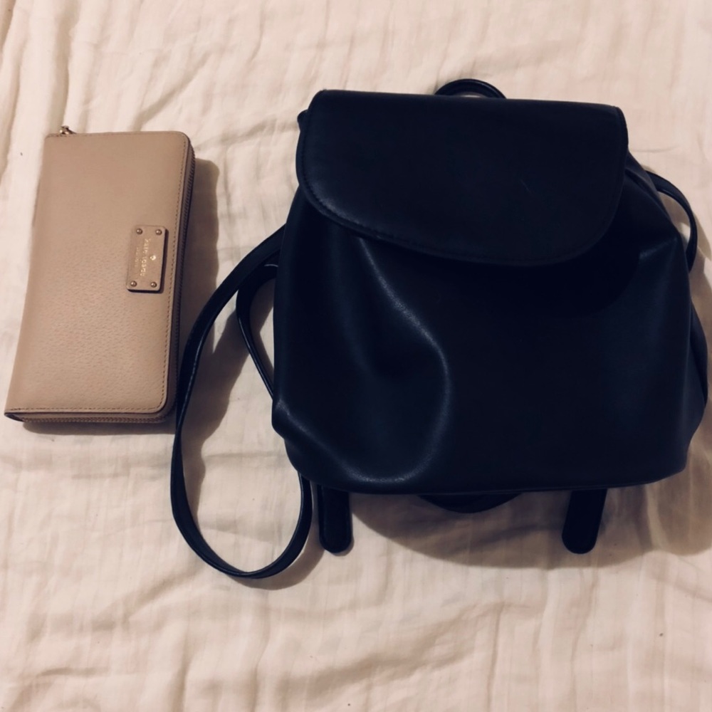 Small black faux leather backpack